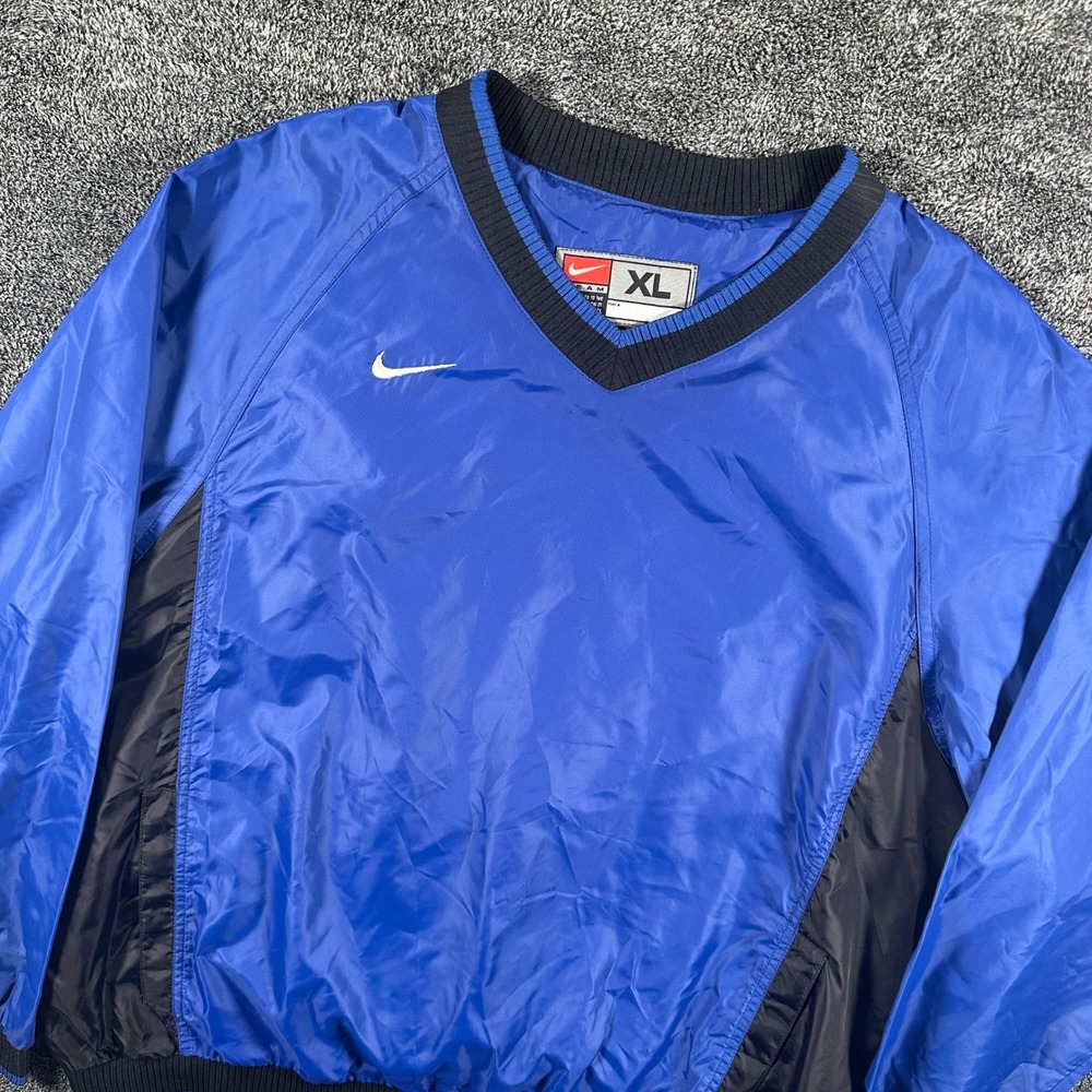 Nike Windbreaker Mens XL Pullover Blue Black V-Neck Swoosh Logo Windshirt Y2K